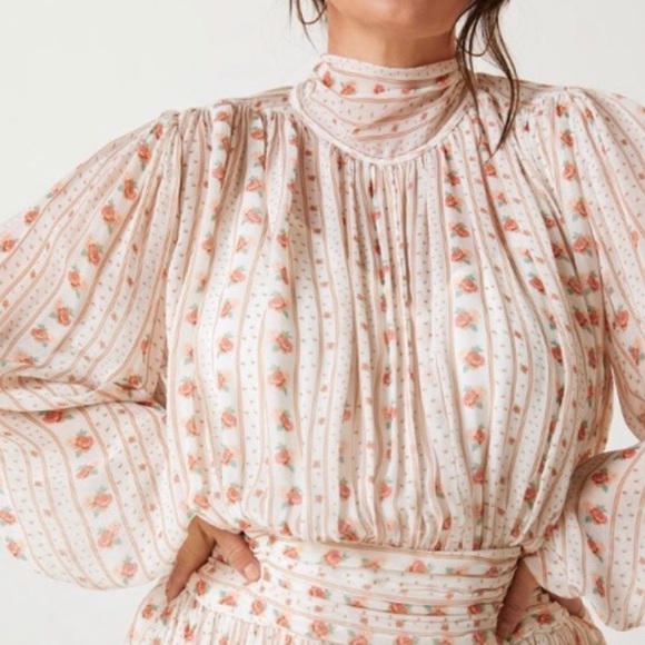 Anthropologie Let Me Be Pink Floral Combo Tie Mockneck Sheer Minidress with Slip - Picture 6 of 8